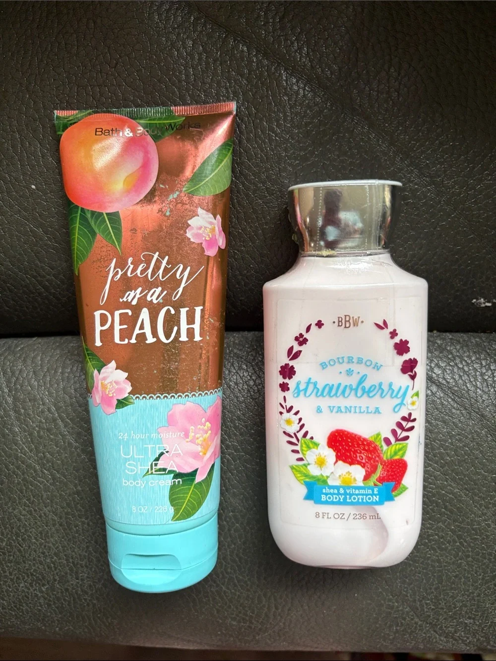 Bath and body set in pretty as a peach and bourbon strawberry and vanilla